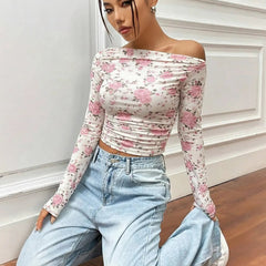 Istyle Can Pink Floral Print Power Net Full Sleeve Asymmetric Collar Pleated Cropped Top My Store