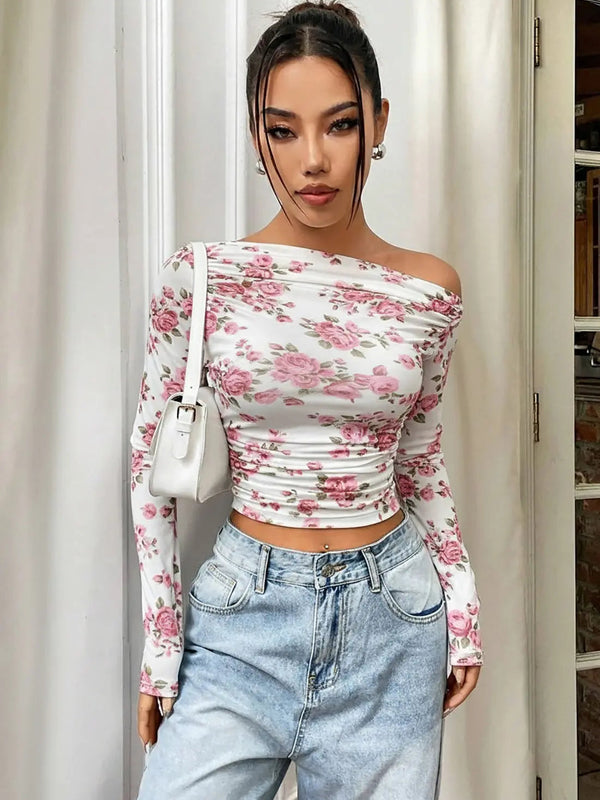 Istyle Can Pink Floral Print Power Net Full Sleeve Asymmetric Collar Pleated Cropped Top My Store