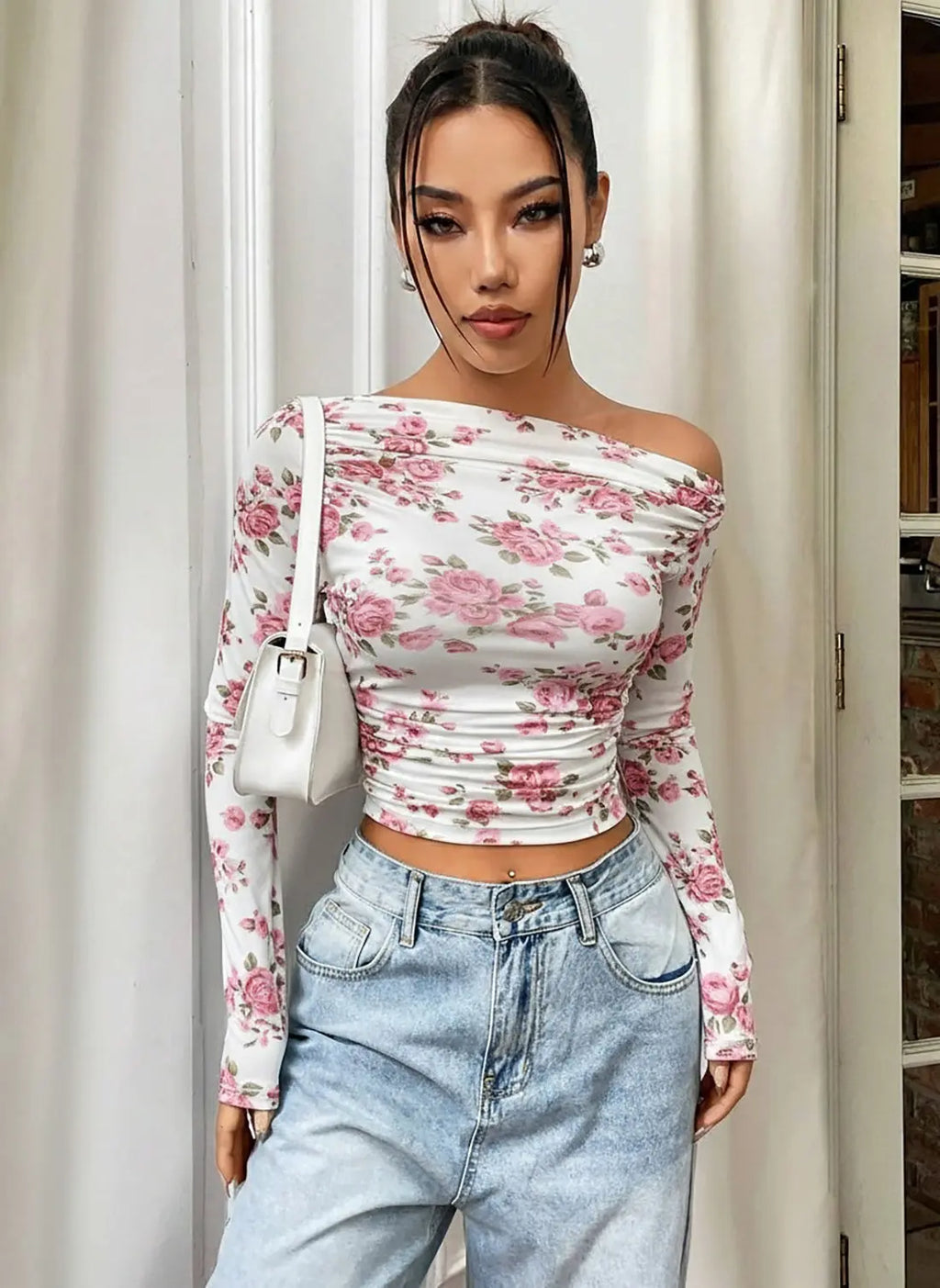 Istyle Can Pink Floral Print Power Net Full Sleeve Asymmetric Collar Pleated Cropped Top My Store