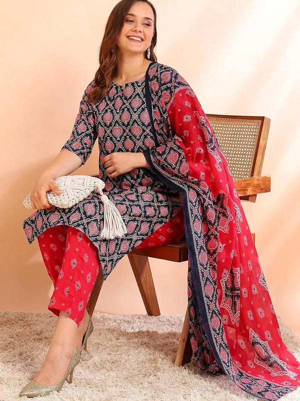 Istyle Can Pink Cotton Printed Kurta Pant Dupatta Set for Women My Store