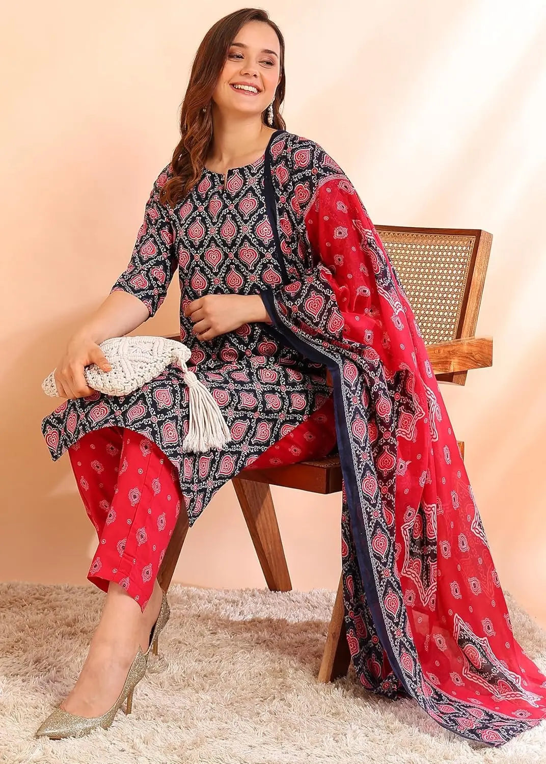 Istyle Can Pink Cotton Printed Kurta Pant Dupatta Set for Women My Store