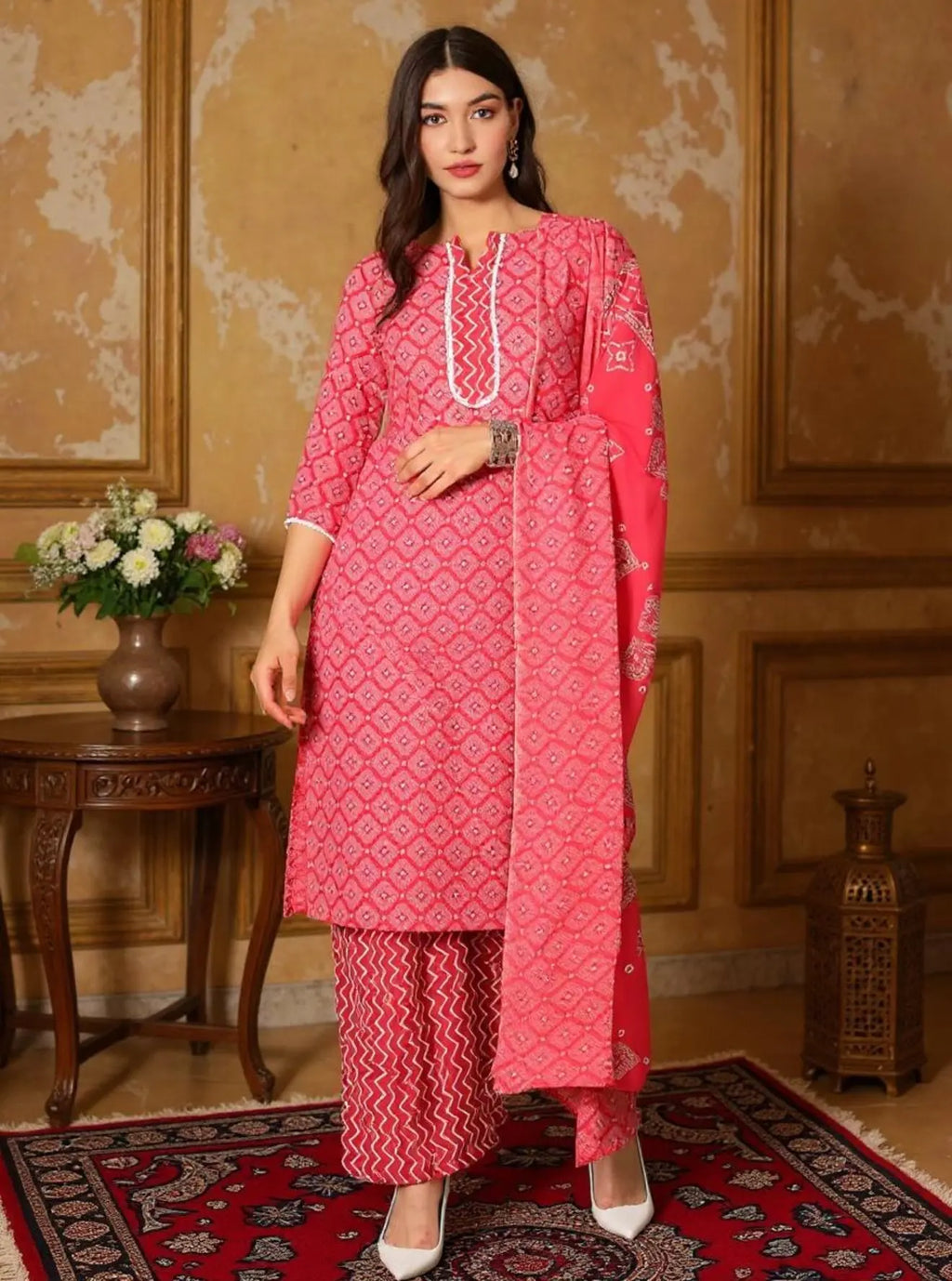 Istyle Can Pink Cotton Printed Kurta Pant Dupatta Set for Women My Store