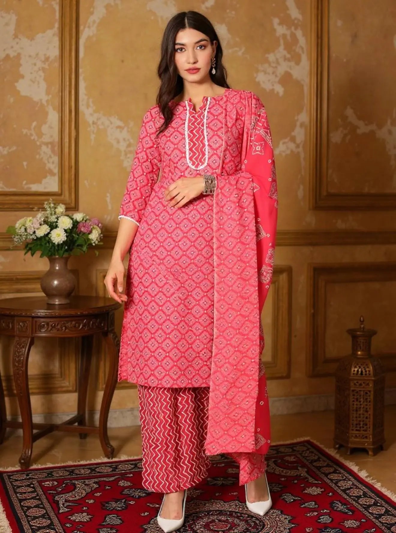 Istyle Can Pink Cotton Printed Kurta Pant Dupatta Set for Women My Store