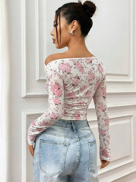 Istyle Can Pink Floral Print Power Net Full Sleeve Asymmetric Collar Pleated Cropped Top My Store