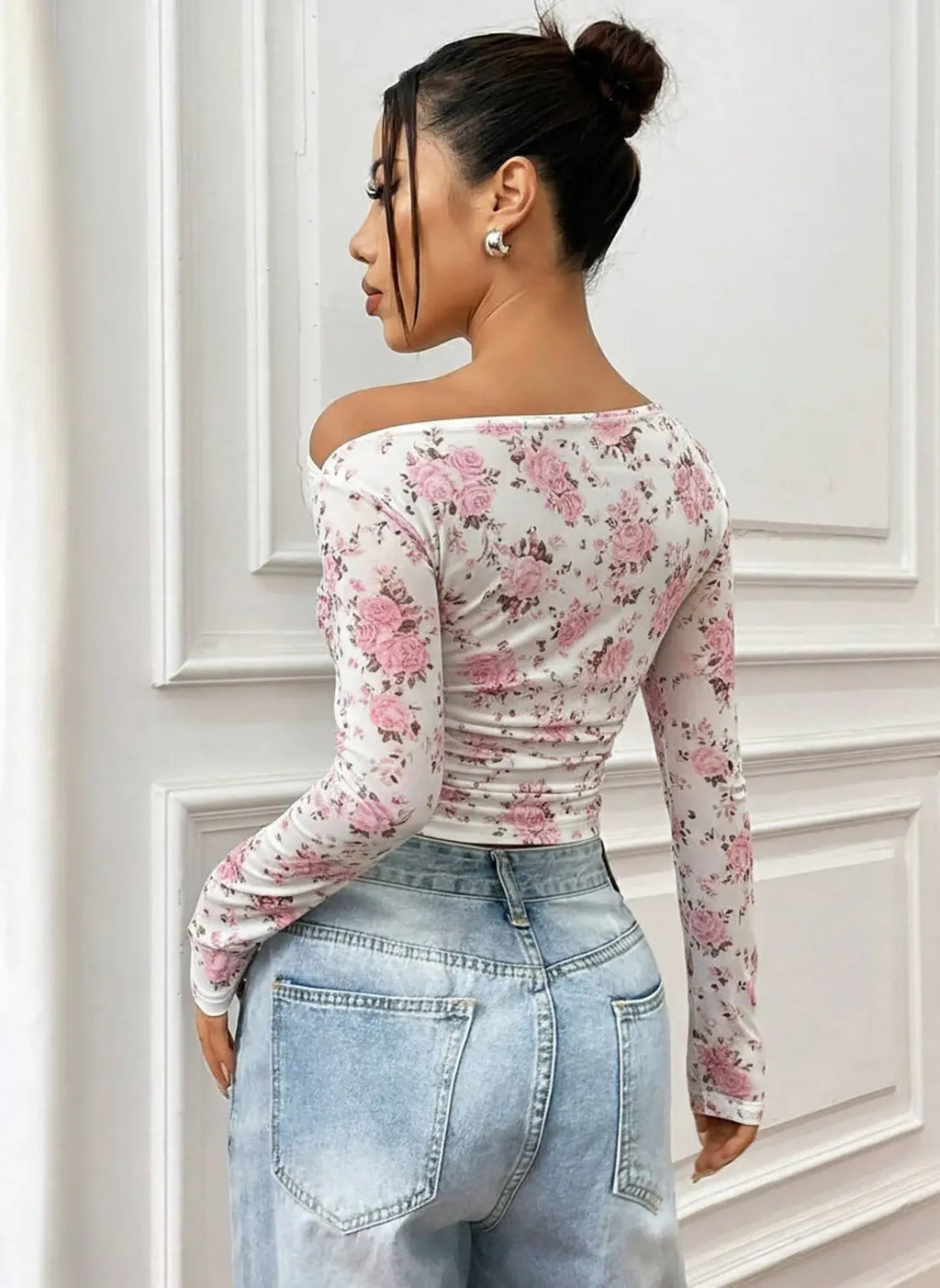 Istyle Can Pink Floral Print Power Net Full Sleeve Asymmetric Collar Pleated Cropped Top My Store