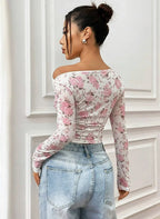 Istyle Can Pink Floral Print Power Net Full Sleeve Asymmetric Collar Pleated Cropped Top My Store