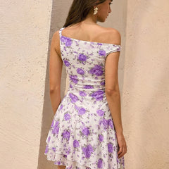 Women's One-Shoulder Floral Mesh Mini Bodycon Dress