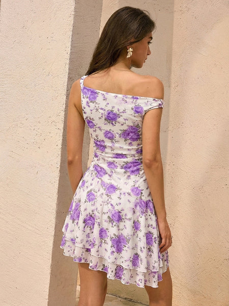 Women's One-Shoulder Floral Mesh Mini Bodycon Dress
