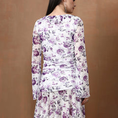 Women's Floral Mesh Mini Dress - Long Sleeve V-Neck Slim Fit
