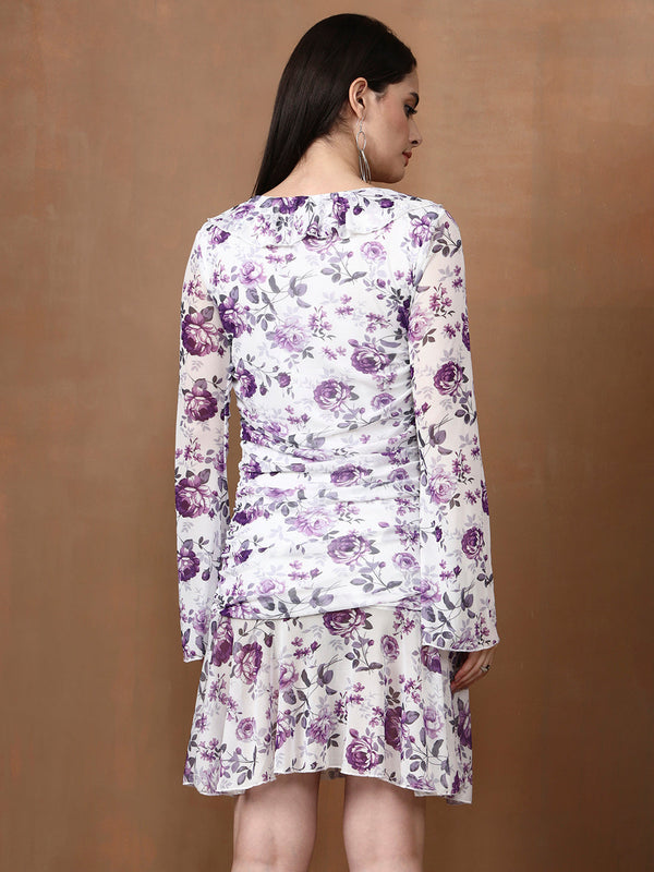 Women's Floral Mesh Mini Dress - Long Sleeve V-Neck Slim Fit