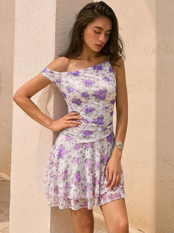 Women's One-Shoulder Floral Mesh Mini Bodycon Dress