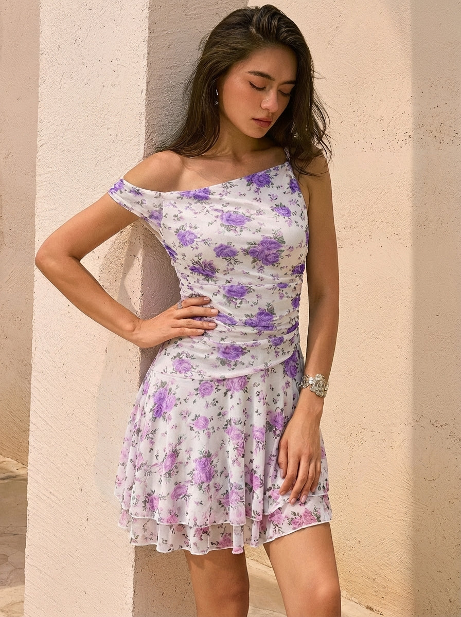 Women's One-Shoulder Floral Mesh Mini Bodycon Dress