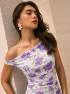 Women's One-Shoulder Floral Mesh Mini Bodycon Dress