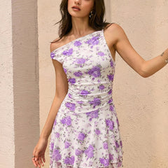 Women's One-Shoulder Floral Mesh Mini Bodycon Dress
