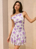 Women's One-Shoulder Floral Mesh Mini Bodycon Dress