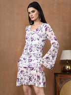 Women's Floral Mesh Mini Dress - Long Sleeve V-Neck Slim Fit