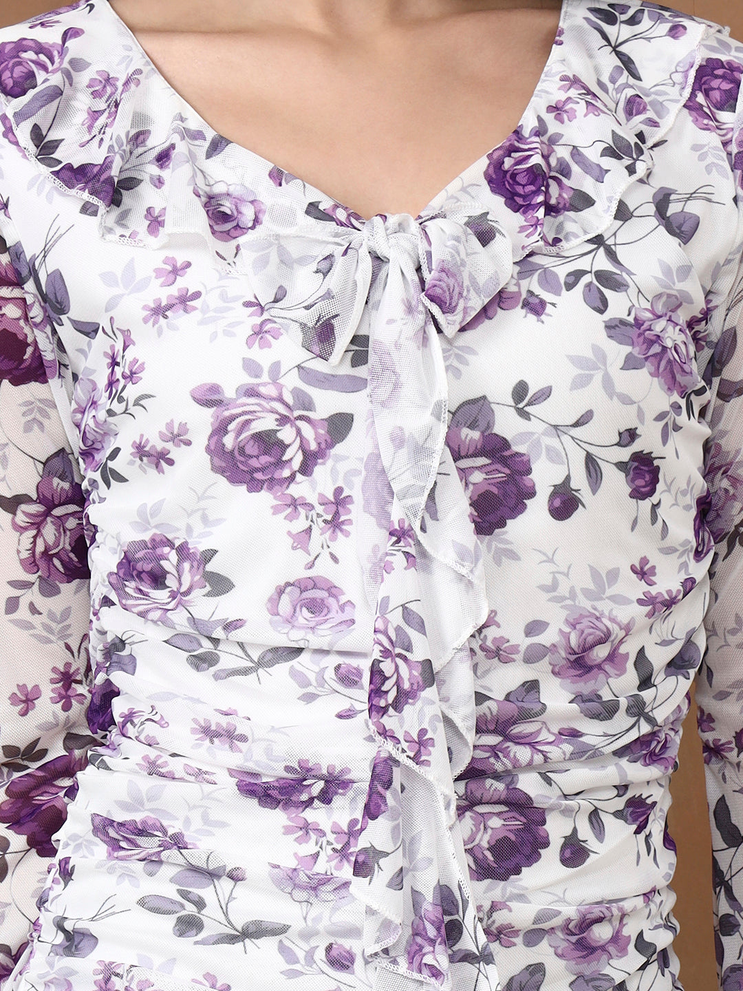 Women's Floral Mesh Mini Dress - Long Sleeve V-Neck Slim Fit