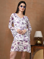 Women's Floral Mesh Mini Dress - Long Sleeve V-Neck Slim Fit