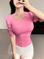 Soft Pink Ribbed Knit Ruffle Half Sleeves Korean Fashion Slim fit Top