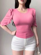 Soft Pink Ribbed Knit Ruffle Half Sleeves Korean Fashion Slim fit Top