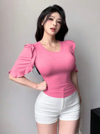 Soft Pink Ribbed Knit Ruffle Half Sleeves Korean Fashion Slim fit Top