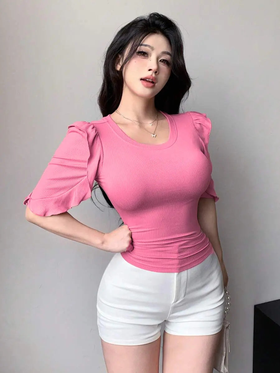 Soft Pink Ribbed Knit Ruffle Half Sleeves Korean Fashion Slim fit Top