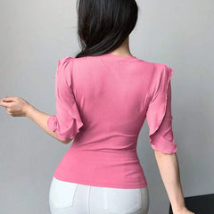 Soft Pink Ribbed Knit Ruffle Half Sleeves Korean Fashion Slim fit Top