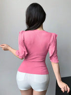 Soft Pink Ribbed Knit Ruffle Half Sleeves Korean Fashion Slim fit Top