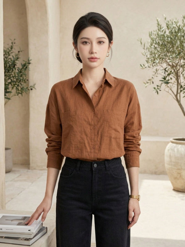 Istyle Can SRT-01 Brown cotton linen women shirt view 1