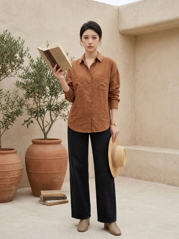Istyle Can SRT-01 Brown cotton linen women shirt view 3