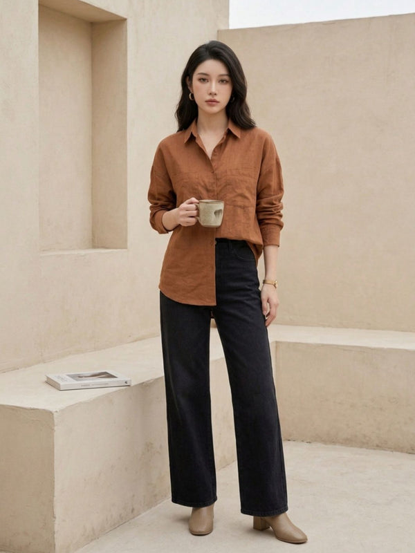 Istyle Can SRT-01 Brown cotton linen women shirt view 4