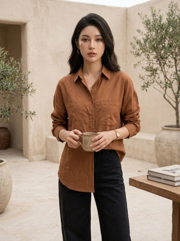 Istyle Can SRT-01 Brown cotton linen women shirt view 5
