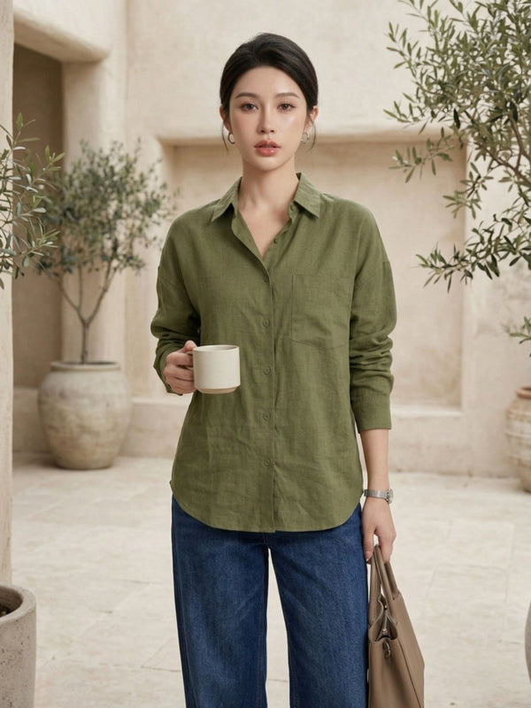 Istyle Can SRT-01 Olive cotton linen women shirt view 1