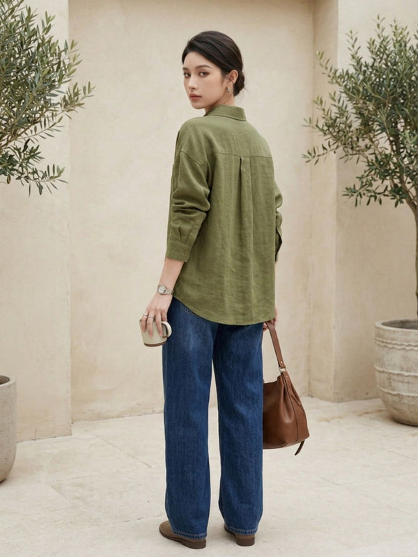 Istyle Can SRT-01 Olive cotton linen women shirt view 2