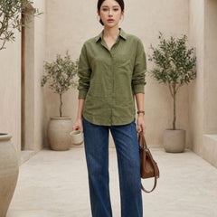 Istyle Can SRT-01 Olive cotton linen women shirt view 3
