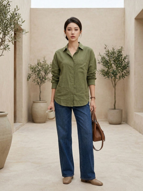 Istyle Can SRT-01 Olive cotton linen women shirt view 3