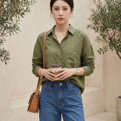Istyle Can SRT-01 Olive cotton linen women shirt view 4