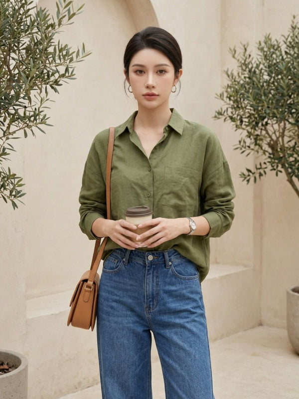 Istyle Can SRT-01 Olive cotton linen women shirt view 4