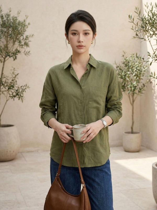 Istyle Can SRT-01 Olive cotton linen women shirt view 5