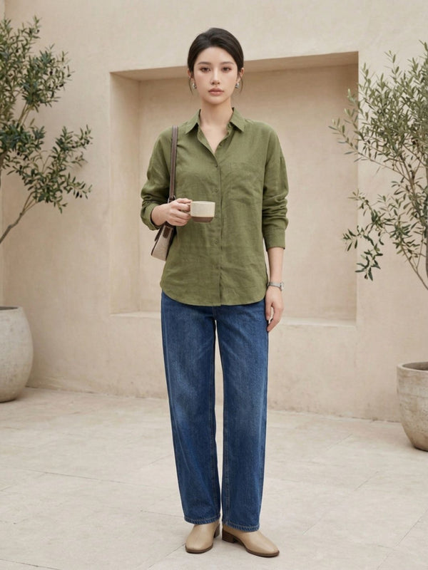 Istyle Can SRT-01 Olive cotton linen women shirt view 6