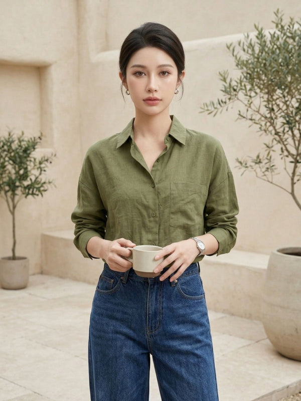 Istyle Can SRT-01 Olive cotton linen women shirt view 7