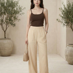 Istyle Can beige cotton linen wide-leg trousers for women with elastic waist
