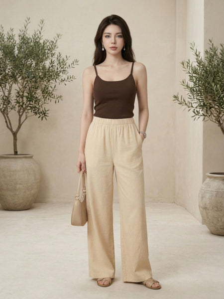 Istyle Can beige cotton linen wide-leg trousers for women with elastic waist