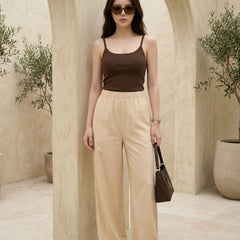 Istyle Can beige cotton linen wide-leg trousers for women with elastic waist