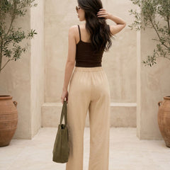 Istyle Can beige cotton linen wide-leg trousers for women with elastic waist