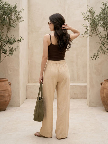 Istyle Can beige cotton linen wide-leg trousers for women with elastic waist