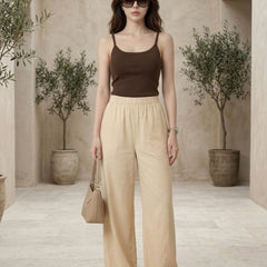 Istyle Can beige cotton linen wide-leg trousers for women with elastic waist