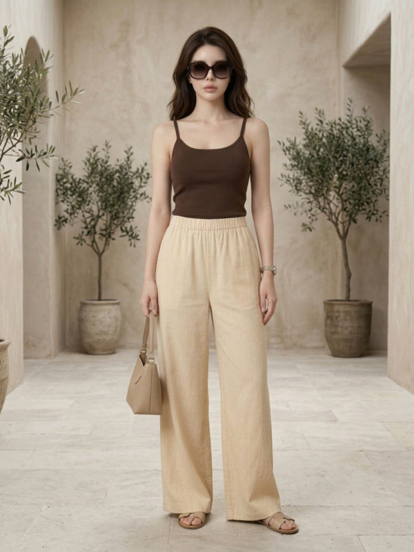 Istyle Can beige cotton linen wide-leg trousers for women with elastic waist