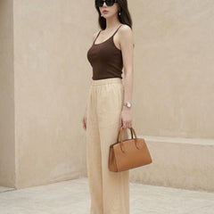 Istyle Can beige cotton linen wide-leg trousers for women with elastic waist
