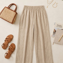 Istyle Can beige cotton linen wide-leg trousers for women with elastic waist